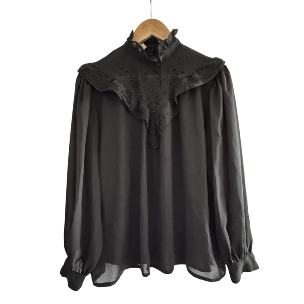 Vintage Romantic Sheer Black Blouse Prairie Goth High Neck Beaded